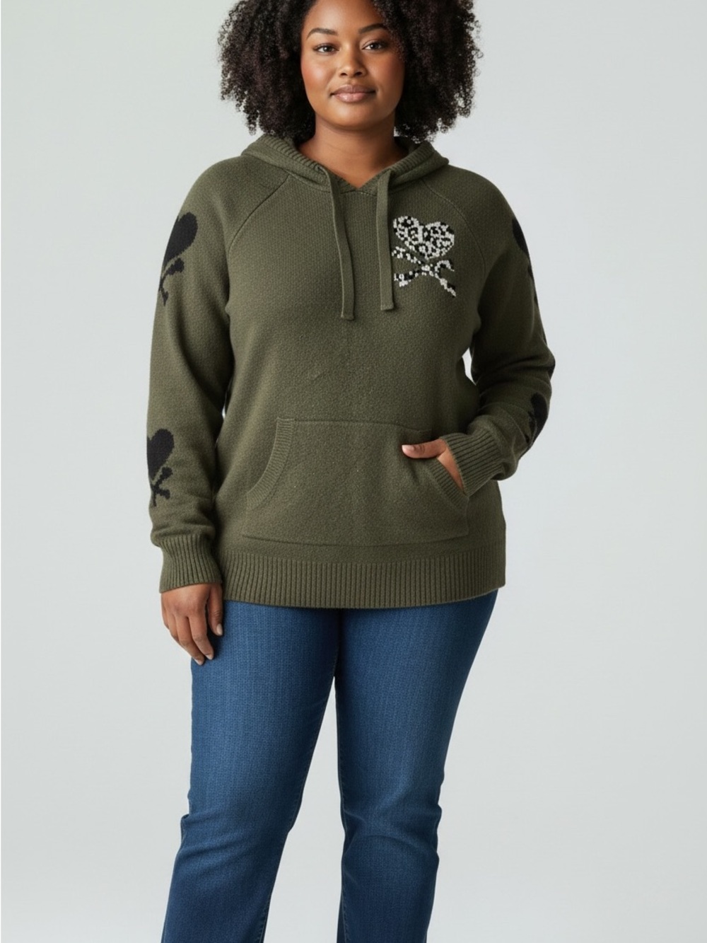 Torrid Olive Green Knit Hoodie with hearts and cross bones